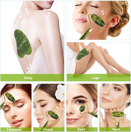 Jade Roller & Gua Sha Set 5 in 1 Facial Massager Tools - Jade Gua Sha Facial Massager Set with Roller for Face Sculpting & Skin Care | Jade Gua Sha Facial Massager Set with Roller for Face Sculpting & Skin Care